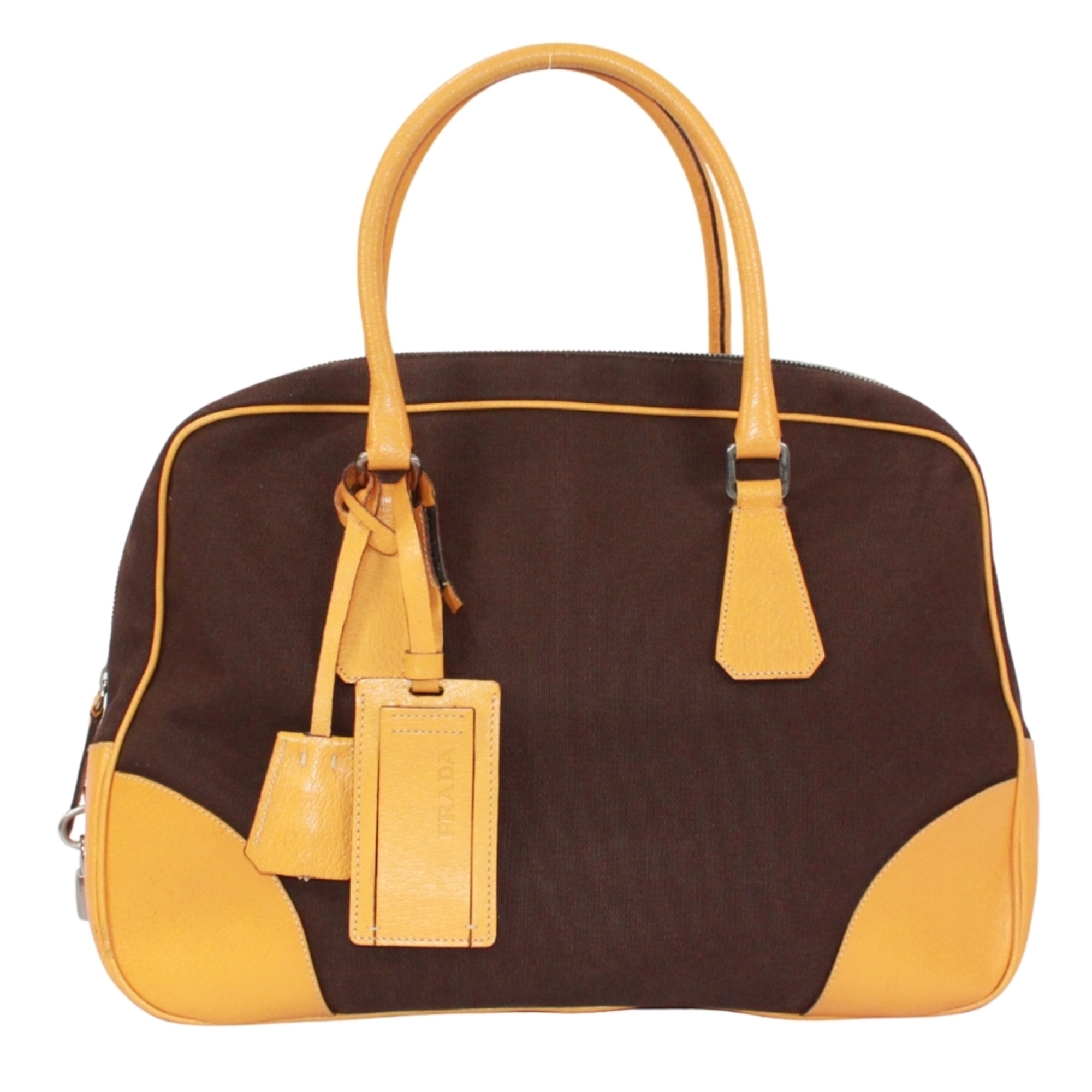 Prada Boston Bag/Handbag, Leather And Canvas, Yellow Brown, For Women.